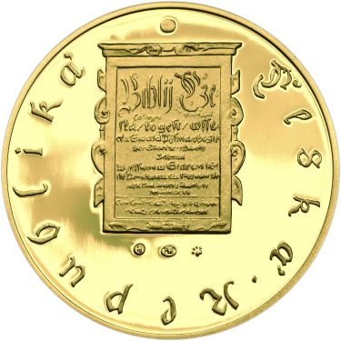Náhled Reverznej strany - Nevydané mince Jiřího Harcuby - Jiří Melantrich z Aventina 34mm zlato Proof