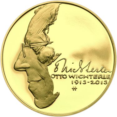 Náhled Averznej strany - Nevydané mince Jiřího Harcuby - Otto Wichterle 34mm zlato Proof