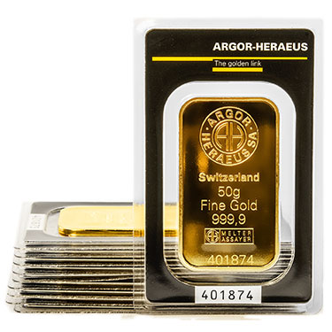 Náhled Averznej strany - Argor Heraeus SA 50 gramů - Investiční zlatý slitek - Set 10 ks slitků